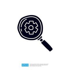 A magnifying glass over a gear symbol, representing the concept of inspection or analysis in a technical or mechanical context.