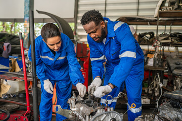 Team Auto mechanic are checking and repair maintenance auto engine is problems at car repair shop.