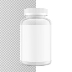 Clear eye-catching pill bottle with label mockup for supplements, vitamins, treats. Vector illustration isolated on white and transparent backgrounds. Mockup is ideal for health projects. EPS10.