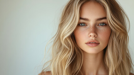 Naklejka premium A high-resolution photorealistic image of a woman with long, wavy blonde hair with highlights. Neutral white background.