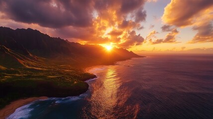 Obraz premium Stunning sunset over a coastal landscape with mountains.
