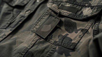 Army jacket brand mockup display background, elegant tactical jacket tag display.
