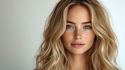 Fototapeta premium A high-resolution photorealistic image of a woman with long, wavy blonde hair with highlights. Neutral white background.