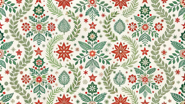 Seamless Christmas pattern with stylized trees,flowers and berries.Timeless vintage Scandinavian ornament on white background to create a joyful and festive atmosphere in your projects.