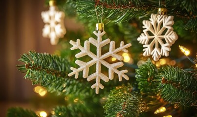 Close-up of snowflake ornaments on a Christmas tree, warm brown background