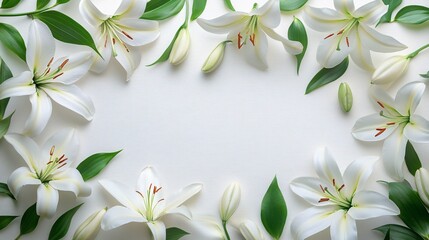 Obraz premium Beautiful arrangement of white lilies creating a serene background, perfect for text copy space and elegant designs.