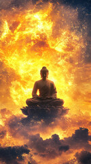 Buddha statue floating among clouds with a fiery sky in the background