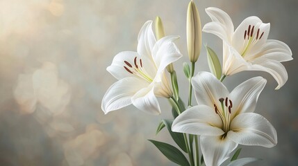 Fototapeta premium Soft, elegant white lily floral background with gentle petals, featuring ample space for adding text or messages.