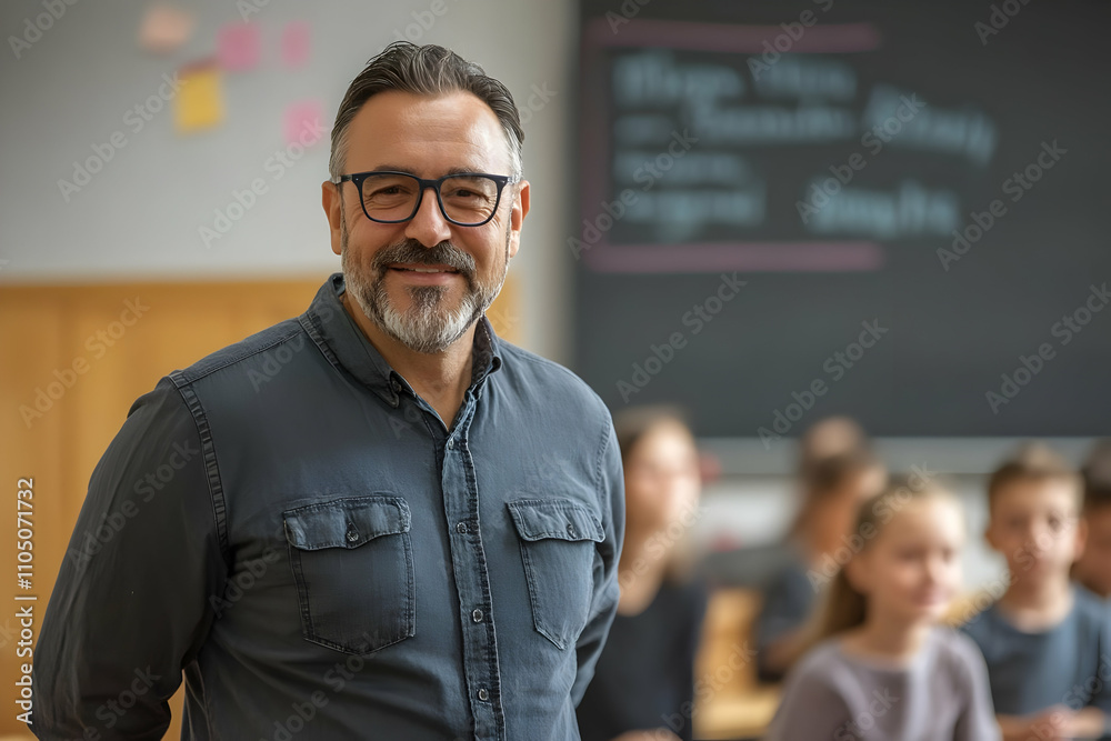 Poster a smiling teacher stands in a classroom with students blurred in the background.