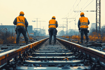 A simple illustration of three railway workers fixing train tracks. They are all wearing safety vests and hard hats, using tools to repair the tracks. 