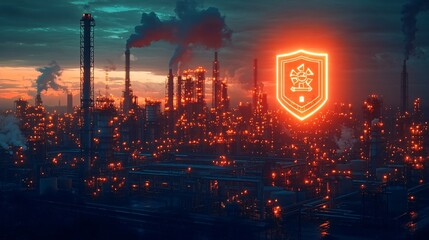 an industrial site with a protective shield icon, emphasizing energy security and national safety.