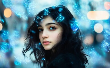 portrait of a woman with snowflakes