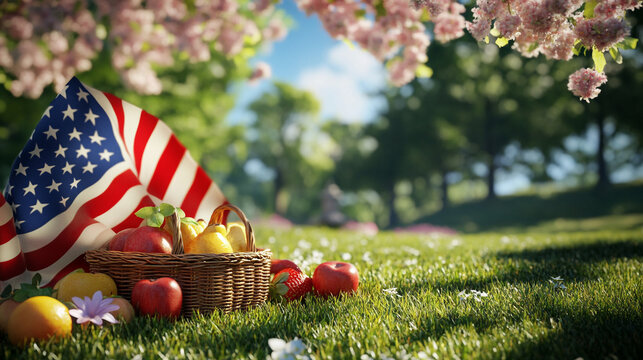 Patriotic Summer Picnic  Fruit Basket   American Flag