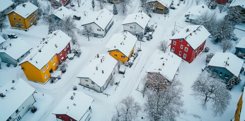 In the winter, a European village where houses are draped in snow.