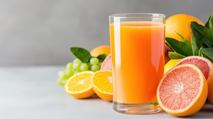 Glass of bright orange health juice with citrus fruits in the background, ample space for advertising text, high-end foods photography, deep depth of field, Product photography with high resolution,
