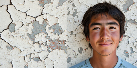 A young man with a beard and a blue shirt is smiling at the camera. The wall behind him is covered in peeling paint and has a rough texture. The boy's smile suggests that he is happy or content