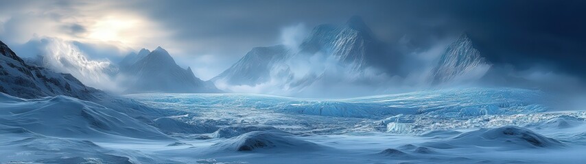 A breathtaking view of icy mountains beneath a dramatic sky, capturing the serene beauty of a remote, frozen landscape.