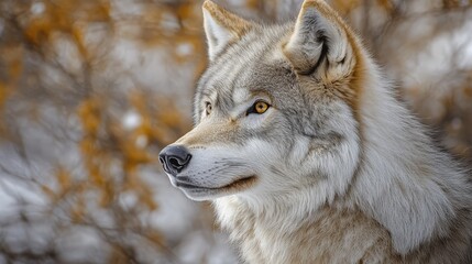 Obraz premium A close-up portrait of a wolf, showcasing its expressive eyes and thick fur against a subdued natural background.