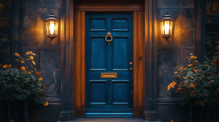 a wooden door with two lights on each side of it.