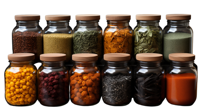 A neat arrangement of colorful spice jars, offering a burst of color and texture to inspire your culinary skills and add beauty to your kitchen decor, isolated on transparent background.