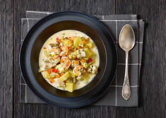 seafood chowder in a white bowl, top view