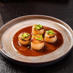 Seared Seafood with Reddish-Brown Sauce and Green Onions