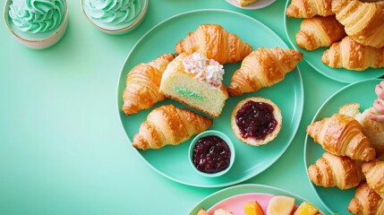 Getting the kids ready for school concept, Colorful dessert spread featuring croissants, a cake slice, jam, and cupcakes on teal plates. Perfect for a sweet celebration.