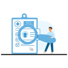 Patient with magnifying glass showcasing medical records, personal data, and insurance policies. Importance of accuracy in health documentation