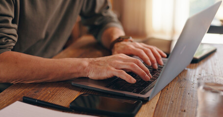Laptop, writer or hands of man in home office editing for remote work, research or website. Online,...