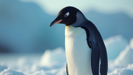 Obraz premium Create a close-up of a penguin on ice, highlighting its black and white feathers, bright eyes, and curved beak. Soft light enhances its charm and resilience in the cold, serene environment.