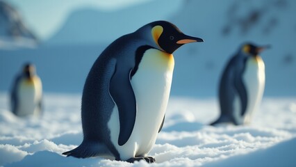 Create a close-up of a penguin on ice, highlighting its black and white feathers, bright eyes, and curved beak. Soft light enhances its charm and resilience in the cold, serene environment.