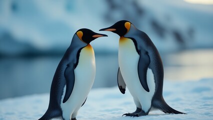 Fototapeta premium Create a close-up of a penguin on ice, highlighting its black and white feathers, bright eyes, and curved beak. Soft light enhances its charm and resilience in the cold, serene environment.