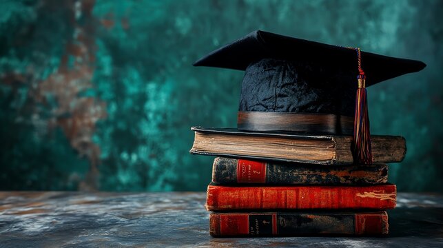 Graduation cap on stacked books, artistic textured background.
