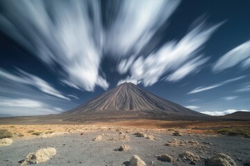 Dynamic Cloud Movements Captured Over a Majestic Volcano in a Desert Landscape