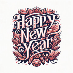 Elegant floral typography spelling "Happy New Year" in decorative lettering with intricate patterns on a white background