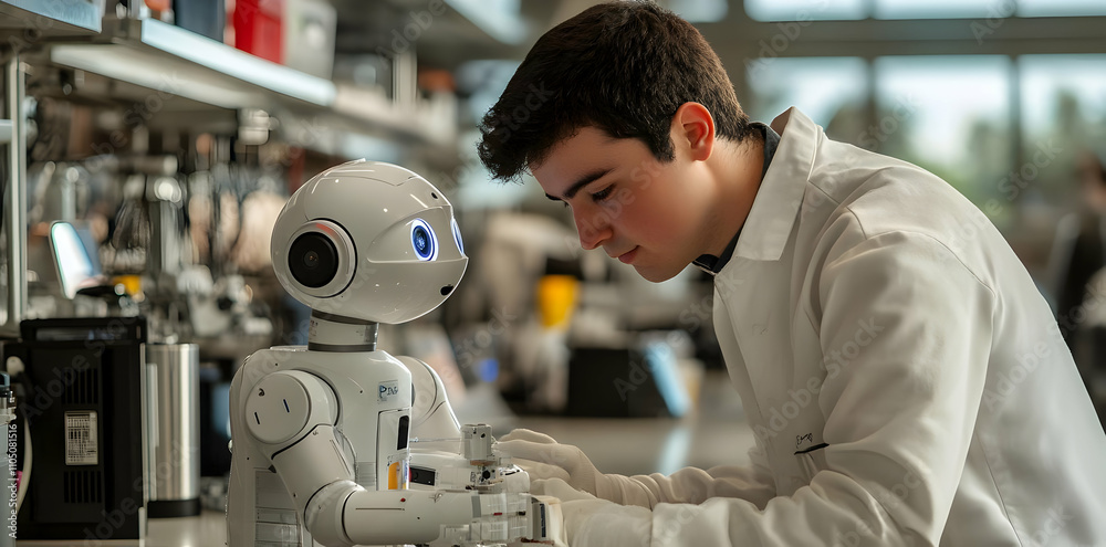 Poster A young scientist interacts with a small robot in a laboratory setting.