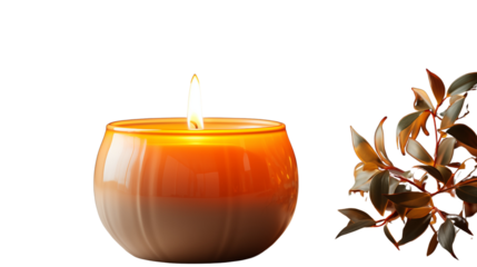 A relaxing candle in a ceramic holder, softly glowing to create a calming atmosphere in your home, isolated on transparent background.