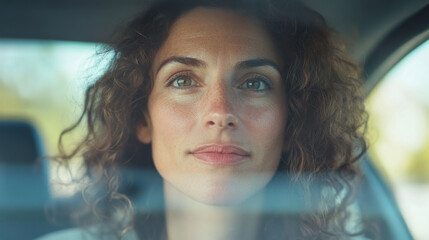 thoughtful woman with curly hair gazes out of car window, reflecting on life. Her expression conveys sense of contemplation and serenity
