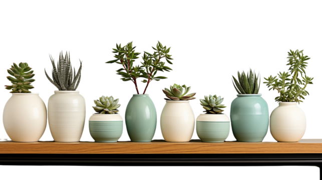A minimalist home display featuring delicate vases and flourishing succulents, a beautiful addition to any interior, isolated on transparent background.