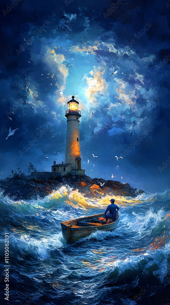 Poster a serene lighthouse scene with a boat amidst turbulent waves under a dramatic sky.