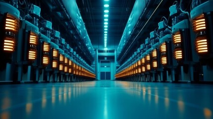 Futuristic data center hallway with illuminated machinery and cool blue tones.
