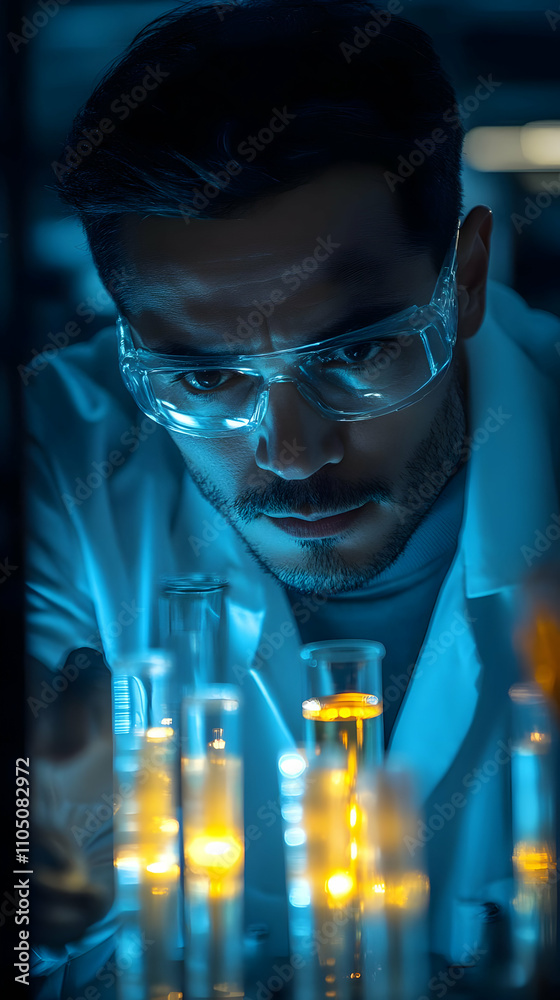Poster A scientist examines glowing liquids in test tubes within a laboratory setting.