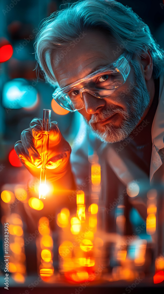 Aufkleber A scientist conducting experiments in a lab with glowing liquids and glassware.