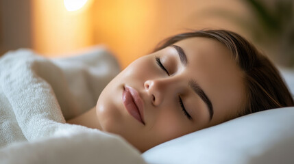 Fototapeta premium peaceful person sleeping, wrapped in soft blanket, exuding tranquility and calmness. warm lighting enhances serene atmosphere, creating cozy environment