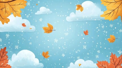 Obraz premium Autumn Leaves Falling on Snowy Sky Background