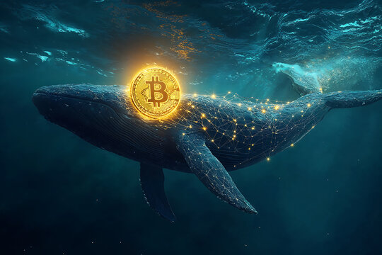 Whale swimming in the ocean with a glowing cryptocurrency symbol during a digital art journey