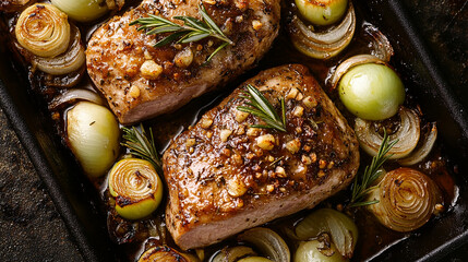 backed pork fillet with green apples onions