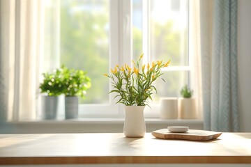 Kitchen Tabletop with Curtains on Window Background