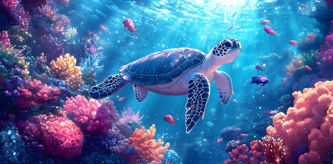 Fototapeta premium A serene underwater scene featuring a turtle swimming among vibrant coral and fish.