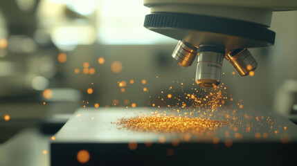 Microscopic view of glowing particles decaying into smaller fragments, symbolizing particle decay in a physics lab setting with scientific instruments and equipment in the background.